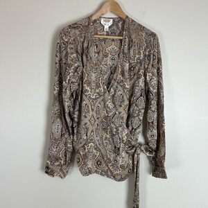 Talbots Pure Silk 18 XL Wrap Top Blouse Paisley Brown Ballet Long Sleeve